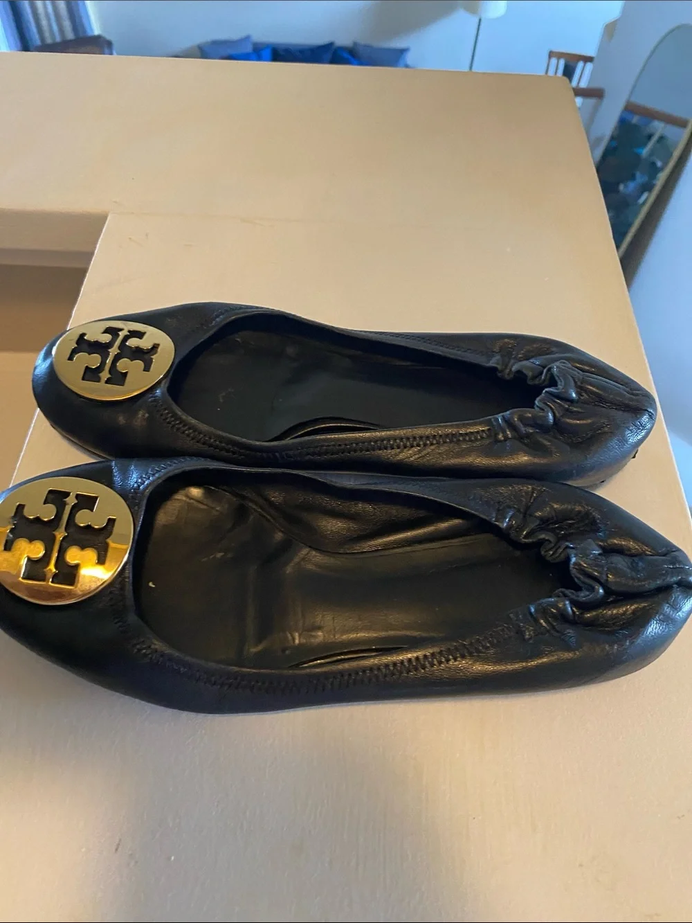 Tory Burch Black Leather Ballet Flats with Gold Logo Discs